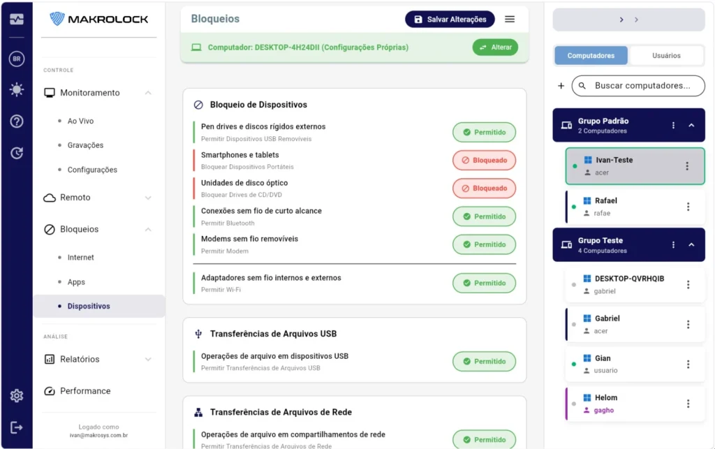 Tela 'Bloqueios' do painel MakroLock, com o menu Internet, Apps e Dispositivos e a lista de pendrives, smartphones, disco óptico, Bluetooth, modems e Wi-Fi marcados como Permitido ou Bloqueado.