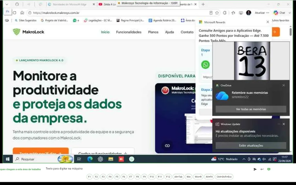 Sessão de acesso remoto do MakroLock exibindo a área de trabalho de um computador gerenciado.