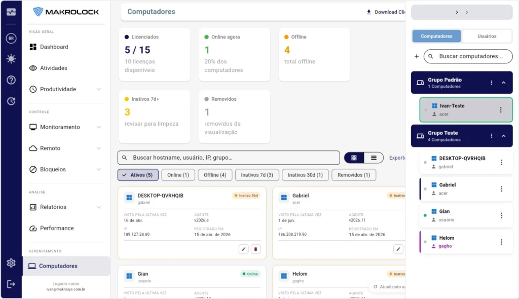 Tela 'Computadores' do painel MakroLock, com licenças 5 de 15, computadores online, offline e inativos, busca de computadores e as abas Computadores e Usuários.